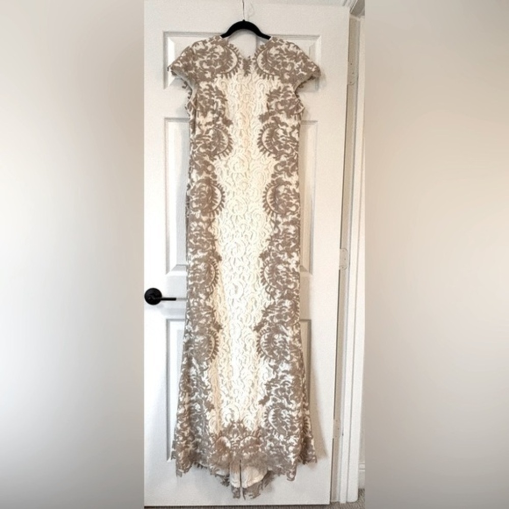 Tadashi Shoji Cream and Brown Ornate Accent Dress